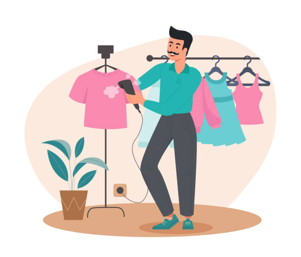 Tailor irons clothes. Employee prepares T shirts for sale, supermarket. Trade, fashion and style. Man with mustache steaming things, atelier. Poster or banner. Cartoon flat vector illustration